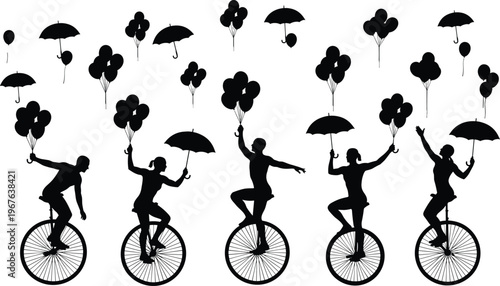Black silhouette illustration of five figures riding unicycles with balloons and umbrellas, creating a surreal whimsical scene perfect for circus, fantasy, and creative design projects