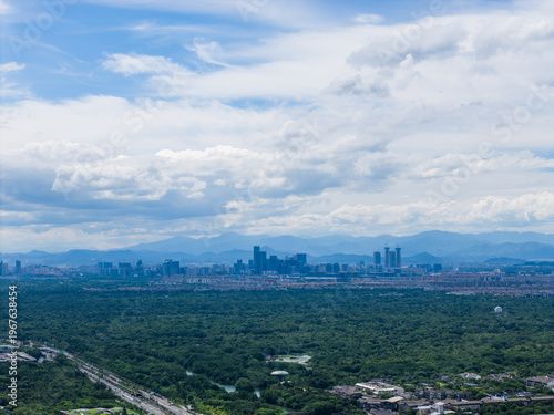Aerial view of modern city with blue sky