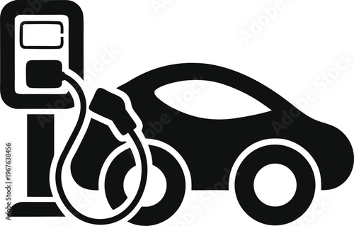 Electric car charging station eco transport minimal silhouette vector isolated transparent background green energy vehicle clean outline illustration