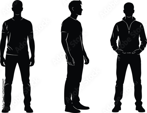 Black silhouette illustration of three standing human figures in different postures and clothing styles, perfect for design, modeling references, fashion, and artistic projects
