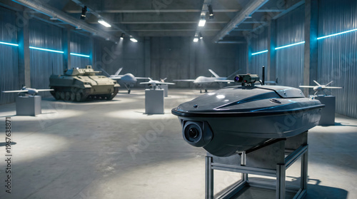 A display shows various military vehicles including tanks, drones, and unmanned boats in a warehouse. Bright lights illuminate the space, highlighting the technology on show