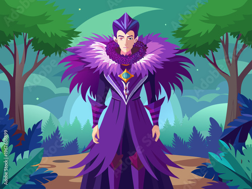 Mysterious purple-winged sorceress standing amidst ancient forest trees