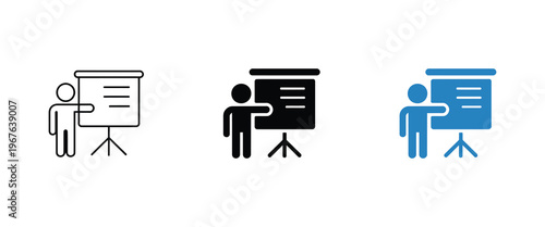 Three different style icon illustrations of a person giving a presentation on a white background
