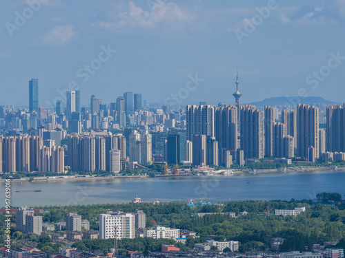 Aerial view of modern city with blue sky