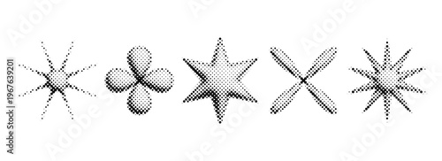 Halftone bitmap shapes set. Pixelated comic stars and flowers for poster, banner, flyer, collage, sticker. 3d dotted grain object collection. Pixel grunge element bundle. Vector graphic design pack