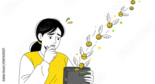 Worried Woman Watching Money Fly Out of Wallet