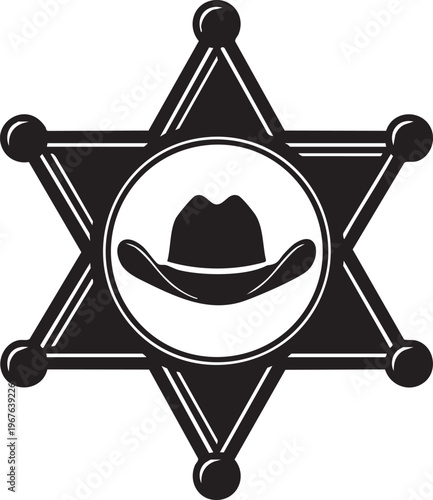 Black and white sheriff badge with a cowboy hat