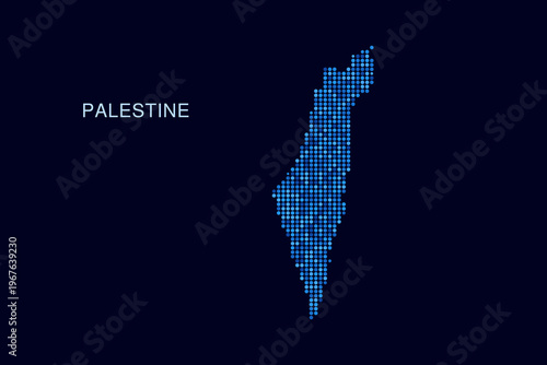 Palestine Map - Blue Dotted Halftone Vector Illustration on Dark Navy Background, Abstract Circle Grid Silhouette Design for Infographic and Modern Presentation Use.