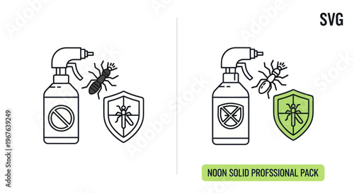 Pest Control Spray Bottle Icon with Insect Shield and Warning Sign