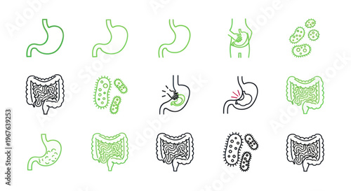Stomach and Intestine Health Icons: Digestion, Bacteria, and Pain