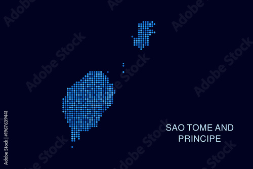 Sao Tome and Principe Map - Blue Dotted Halftone Vector Illustration on Dark Navy Background, Abstract Circle Grid Silhouette Design for Infographic and Modern Presentation Use.