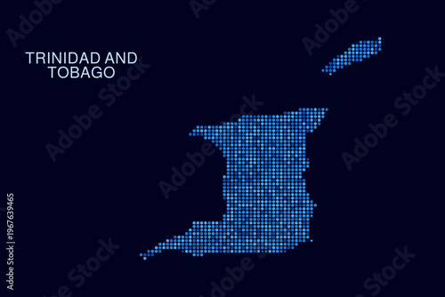 Trinidad and Tobago Map - Blue Dotted Halftone Vector Illustration on Dark Navy Background, Abstract Circle Grid Silhouette Design for Infographic and Modern Presentation Use.