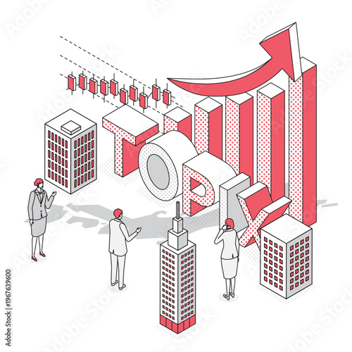 アイソメトリックな株式市場のビジネスシーン・TOPIXと投資イメージ（赤）