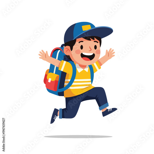 Cheerful Cartoon Style Energetic Boy Jumping with Backpack Illustration