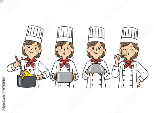 Female chef character in various kitchen poses — Cartoon-style illustration.