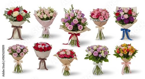 Selection of colorful flower bouquets wrapped in craft paper isolated on white background. Spring and romantic floral arrangements for wedding, anniversary, birthday celebration or Valentine day gift