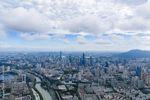 Aerial view of modern city with blue sky