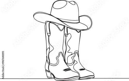 A line drawing of cowboy boots with a hat on top of them