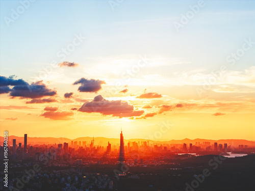 Golden modern city sunset, concept of hope