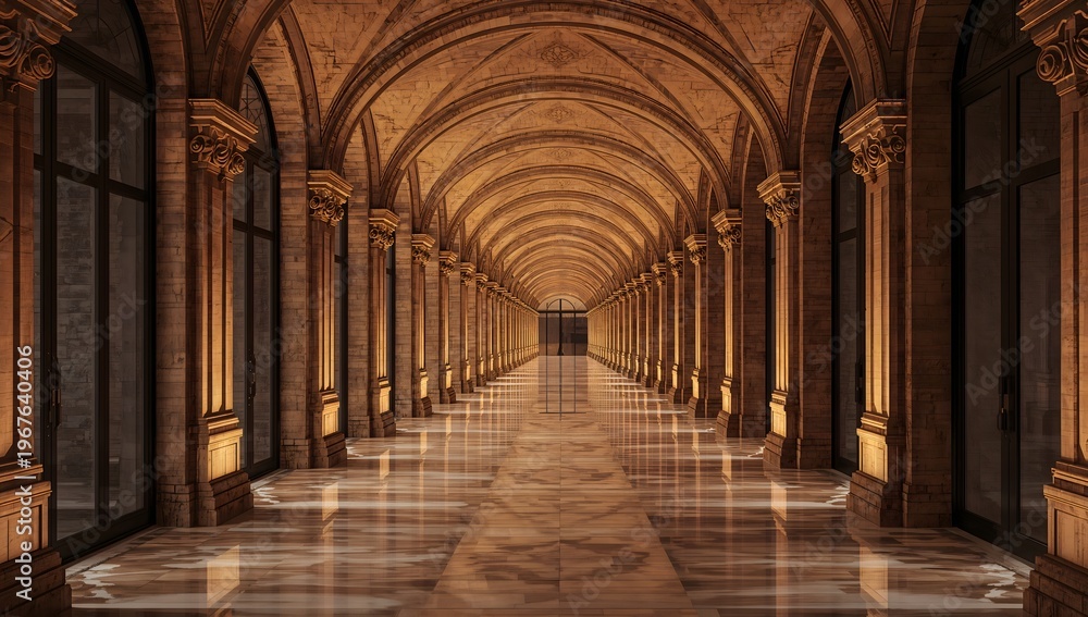 Obraz premium Elegant corridor with repeating arches and marble floor