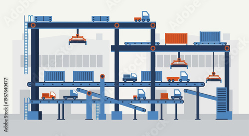 Automated factory production line with robotic arms and conveyor belts.