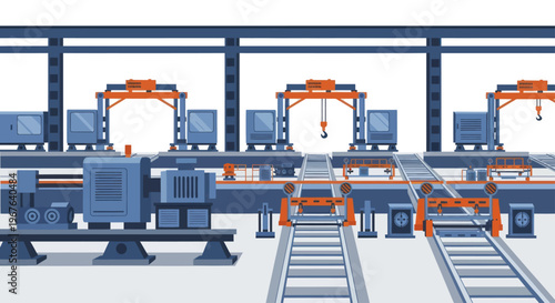 Automated factory production line with robotic arms and conveyor belts.