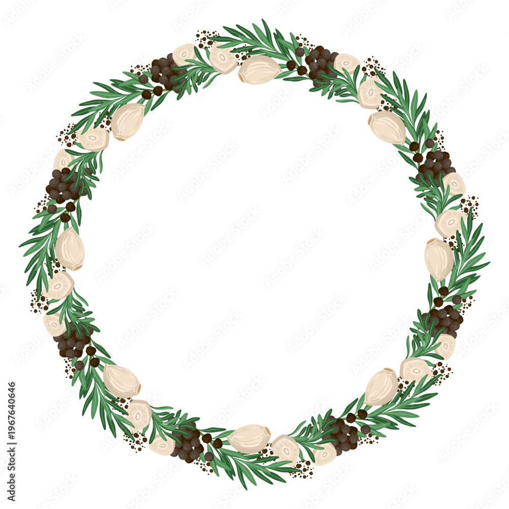 Fototapeta premium Rosemary twig and garlic clove circle frame vector food illustration. Hand drawn cartoon wreath with black peppercorn. Fresh organic ingredient for menu design. Perfect for logo or product packaging.