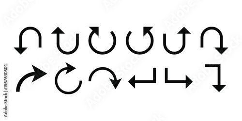 Arrow icon set of reload, U turn, down. different arrow signs, black arrows icons.Set of new style black vector arrows isolated on white. Arrow vector icon set. Arrows vector illustration collection