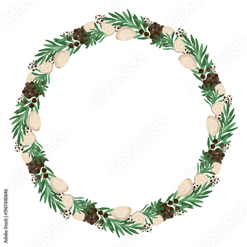 Rosemary twig and garlic clove circle frame vector food illustration. Hand drawn cartoon wreath with black peppercorn. Fresh organic ingredient for menu design. Perfect for logo or product packaging.