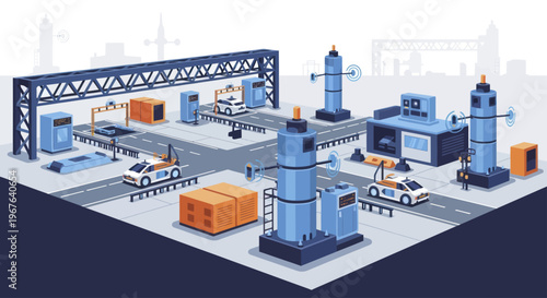 Automated Logistics Hub with Autonomous Vehicles and Smart Infrastructure.