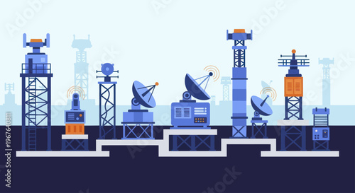 Collection of Communication Towers and Satellite Dishes.