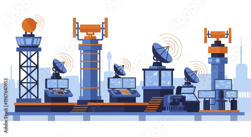 Communication towers and satellite dishes arrayed for signal transmission.