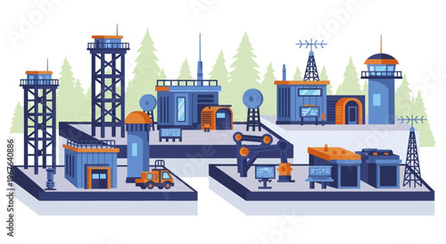 Complex of communication towers and data centers for network infrastructure.