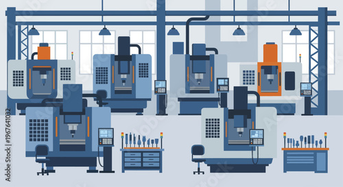 Industrial CNC machines in a modern manufacturing factory.