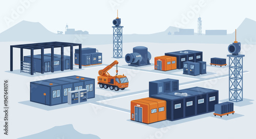 Industrial complex with modular buildings and heavy machinery.