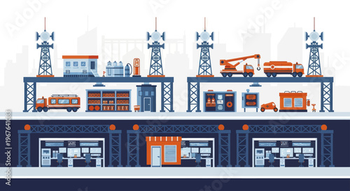 Industrial complex with multiple levels and vehicles.