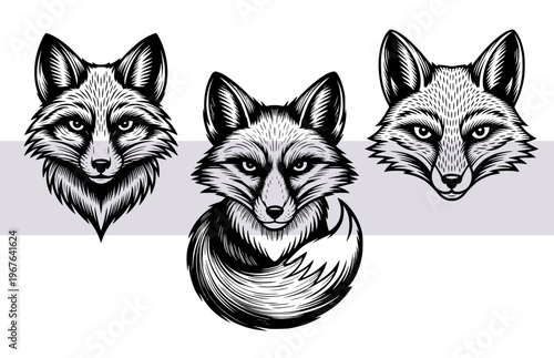 Fox head SVG bundle, geometric fox, woodland animal face, black and white minimalist line art, forest predator vector illustrations for tattoo and apparel design