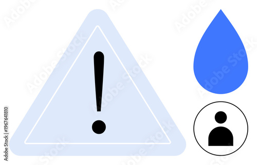Safety, water conservation, awareness campaigns, environmental issues, danger signs, user . Exclamation mark in triangle, water drop person icon. Safety and water conservation concept