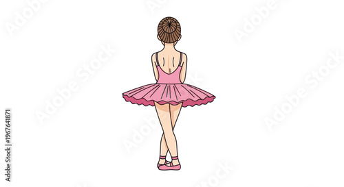 Ballet dancer in pink tutu and pointe shoes, seen from behind, graceful pose.