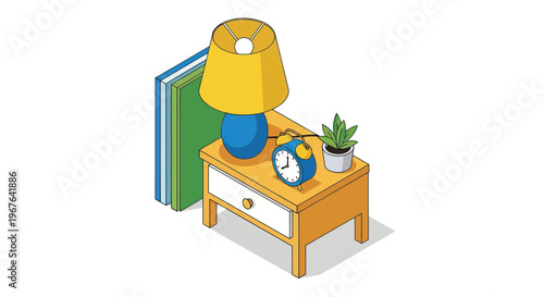 Cozy bedside table with lamp, books, alarm clock, and plant, isometric illustration