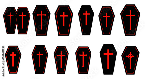 Collection of Halloween Coffin Icons with Crosses - Black and Red Design