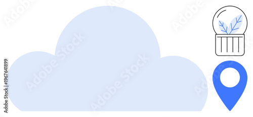 Cloud storage, data management, location tracking, environmental preservation, seasonal symbolism, global connectivity. A cloud, a map pin and a snow globe with a winter tree. Cloud storage