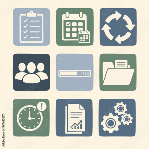 Business icons on green and blue background.