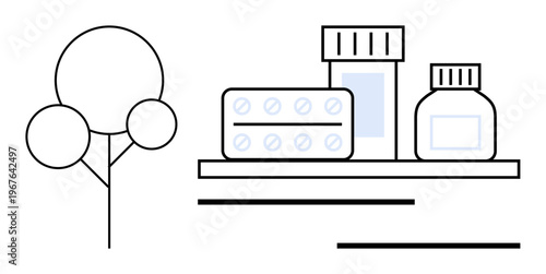 Healthcare, medicine, natural remedies, pharmaceutical industry, wellness, eco-friendly health solutions. Minimalist design of pills and bottles next to a tree. Healthcare and natural remedies
