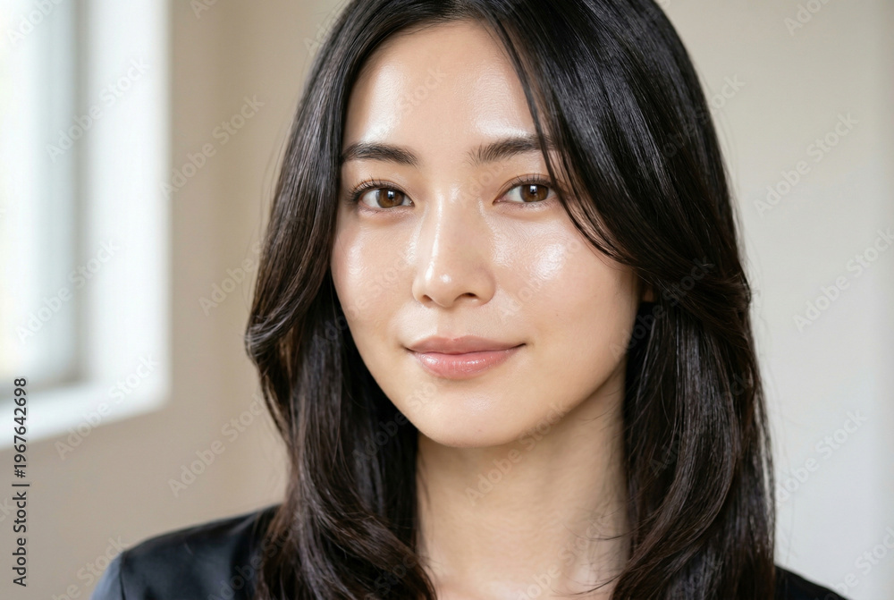 Naklejka premium 潤いのある艶やかな肌の日本人女性 スキンケアとビューティーポートレート Generative AI