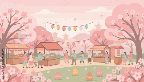 Spring Blossom Festival Celebration with Colorful Easter Eggs and Food Stalls Amidst Blooming Cherry Trees