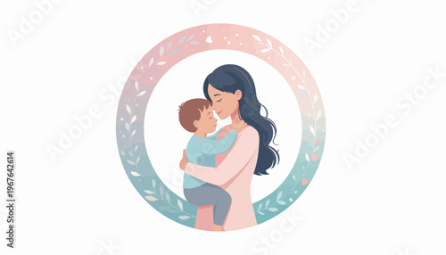 A tender illustration of a mother holding her child in a gentle, circular floral embrace, symbolizing love and family bonds