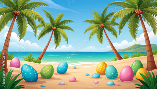 Vibrant Easter eggs on a tropical beach with palm trees and a serene blue ocean. A cheerful spring holiday concept, perfect for a picturesque festive escape