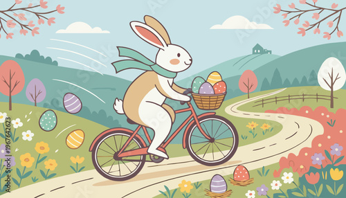 A cheerful cartoon Easter bunny riding a bicycle through a vibrant spring landscape adorned with blooming flowers and colorful eggs, celebrating the joy of the season with a festive journey