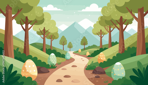 Vibrant spring landscape illustration featuring a winding path through a lush forest with colorful hidden Easter eggs, leading towards mountains